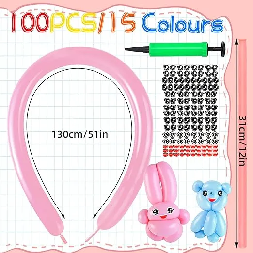 100 Pack 260 Long Balloons Twisting Animal Rainbow Balloons Kit with Pump Thickening Latex Modeling Long Skinny Clown Balloons for Balloon Animals Shape Birthday Weddings Party Decoration Ballon Arch