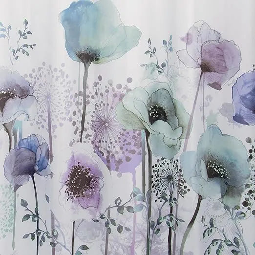 Allure Home Creation Poppies Watercolor Polyester Microfiber Fabric Printed Shower Curtain 70"x72"-Blue/Green/Purple
