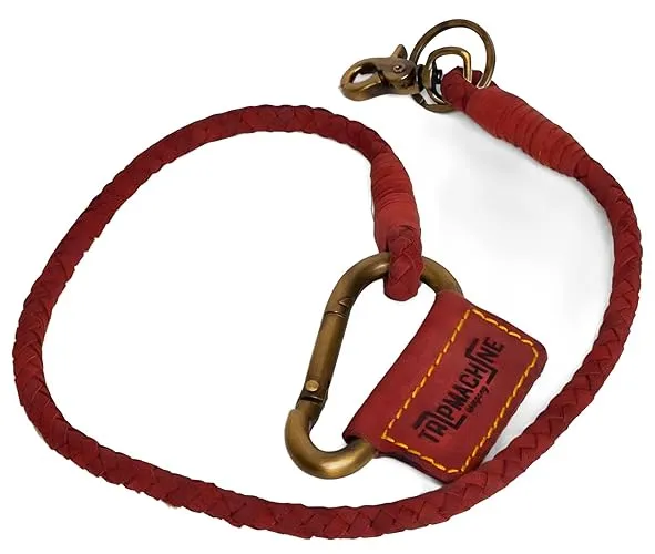 Trip Machine Company Genuine Leather Motorcycle Handmade Braided Keychain WIth Heavy Duty Antique Metal Carabiners Keyring Secure Durable & Vintage Design For Bike Car (Cherry Red)