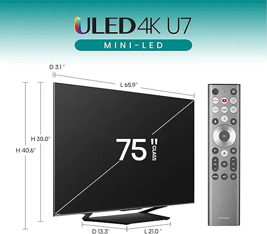 Hisense U7 Series 75U7N 75 Inches ULED 4K Smart TV | Mini-LED | QLED | 1500 Nits | 144Hz | Motion Rate 480 | Dolby Vision HDR 10+ | Dolby Atmos | Full Array Local Dimming | 2.1 Ch Sound | Google TV