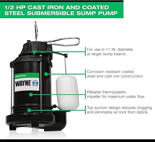 WAYNE CDU800 1/2 HP Submersible Cast Iron and Steel Sump Pump With Integrated Vertical Float Switch