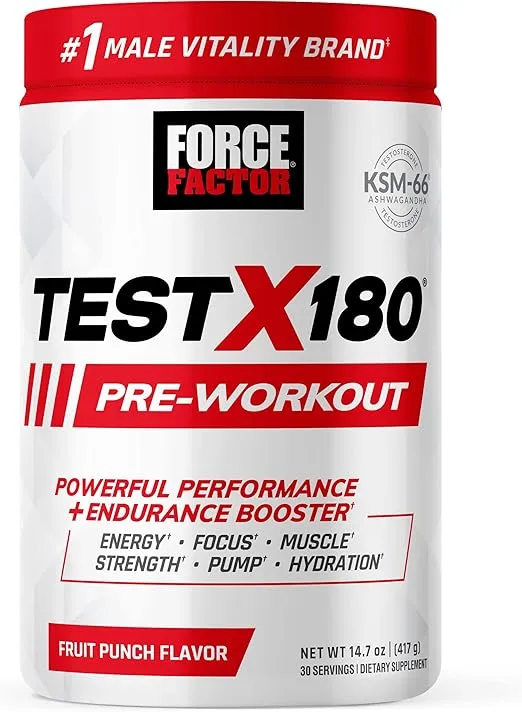 FORCE FACTOR Test X180 Pre-Workout Powder & Energy Supplement, Boost Focus & Endurance, Build Muscle & Strength, Nitric Oxide Supplement with Ashwagandaha & L-Citrulline, Fruit Punch, 30 Servings