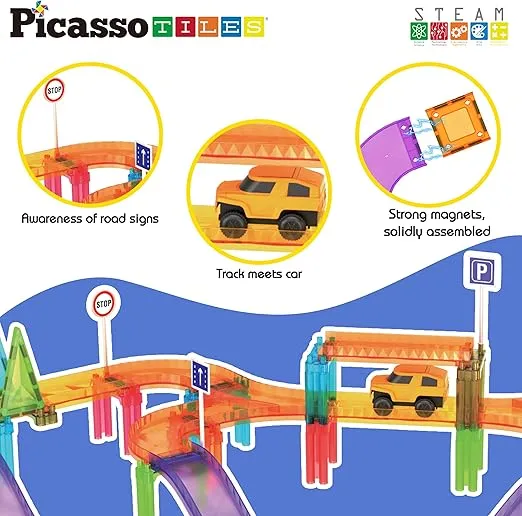 PicassoTiles 60pc Race Car Track Magnetic Tiles Travel Toy Sensory Magnet Tile Toys for Toddlers STEM Educational Learning Preschool Play Construction Stacking Blocks Kids Boys Girls Ages 3+ PTMR60