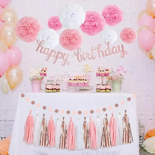 RUBFAC Rose Gold Pink Birthday Party Decorations Set with Happy Birthday Banner, Tissue Paper Pompoms, Circle Dots Garland and Paper Tassels Garland for Birthday Party Decorations Women Girls