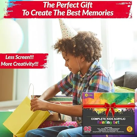 RISEBRITE Painting Kit for Kids Age 8-12 - Deluxe Acrylic Kid Paint Set Art Kits - Includes 62 Pieces of Art Supplies Non Toxic Paint, Tabletop Easel, Paint Brushes, Canvas, Painting Pad