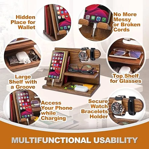 TESLYAR Wood Phone Docking Station - Nightstand organizer - Desk Organizer for Husband - Birthday gifts for Men or Dad - Idea for Anniversary from Wife - Key Holder - Stand for Wallet & Watch (Beige)