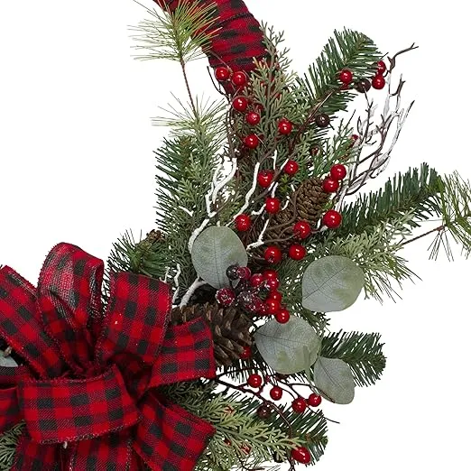 Red and Black Buffalo Plaid and Berry Artificial Christmas Wreath - 24-Inch Unlit