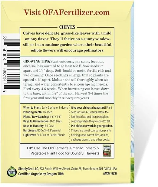 The Old Farmer's Almanac Heirloom Organic Chive Seeds - Approx 250 Seeds