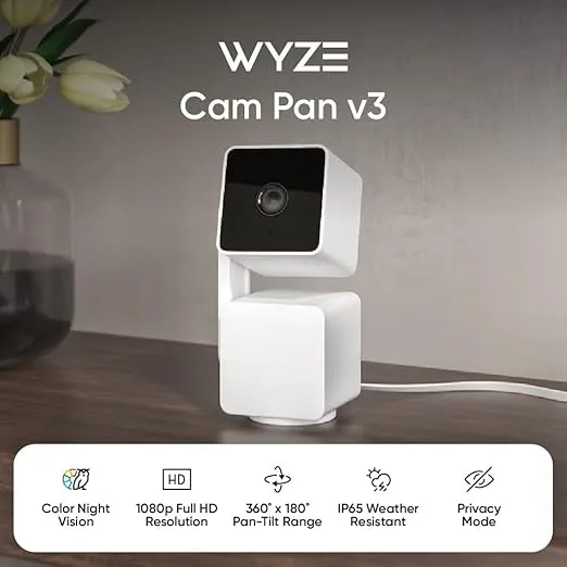 WYZE Cam Pan v3 Indoor/Outdoor IP65 1080P 360° Pan/Tilt/Zoom Wi-Fi Smart Home Security Camera with Motion Tracking for Baby & Pet, Color Night Vision, Works with Alexa & Google Assistant, White