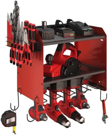 Stalwart Power Tool Organizer Wall Mount with Charging Station - 4 Drill Holder with 8 Outlet Power Strip - Garage Organizer Tool Storage Rack