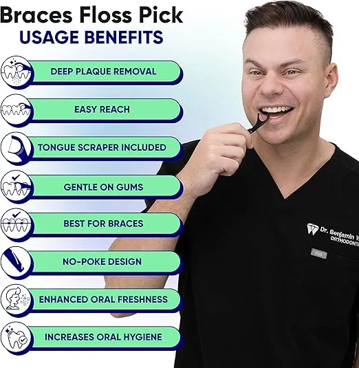 SOMETHING NICE Floss Picks for Braces - Mint Flavored Braces Flossers with Rubber Band Hook & Tongue Scraper, Braces Floss Picks with Xylitol for Protection | Floss for Braces Orthodontic 90-Pack