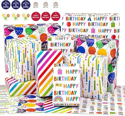 WRAPAHOLIC Birthday Wrapping Paper Sheet - 12 Sheets Folded Flat with 12 Gift Tags for Party, Baby Shower - 19.7 Inch X 27.5 Inch Per Sheet