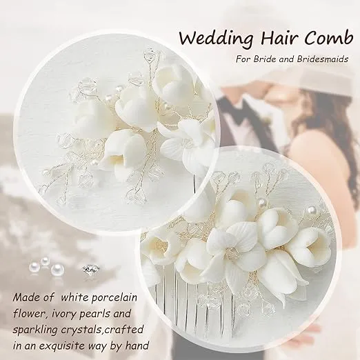 Porcelain Flower Bridal Hair Accessory with Pearls, Crystals, and Rhinestones - Hair Comb for Brides, Bridesmaids, and Women