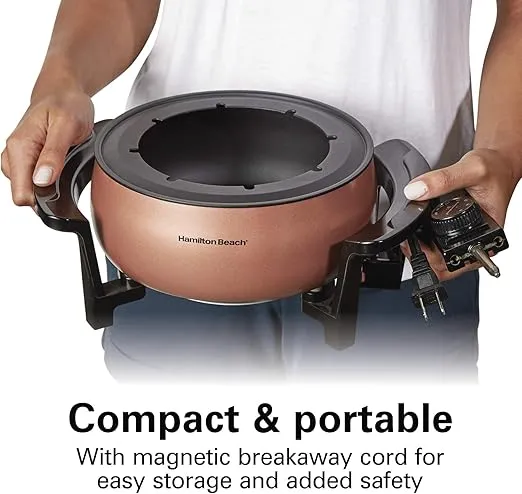 Hamilton Beach 86201 12 Cup Electric Fondue Pot Set with Temperature Control, 6-Color Coded Forks, for Cheese, Chocolate, Hot Oil, Broth, 3 Quarts, Copper