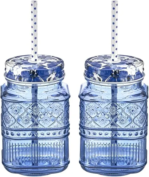 Godinger Mason Jars, Storage Jars, Glass Canister for Storage, Claro Blue 16oz, Set of 2