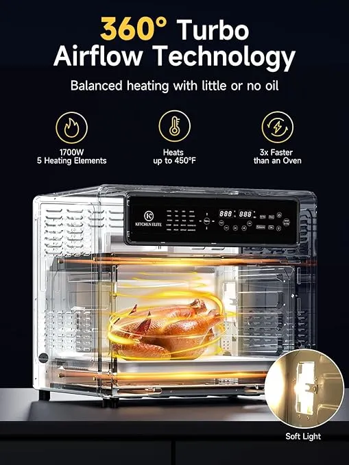 30QT French Door Air Fryer Oven | 20-in-1 Multi-Function Convection Oven with Automatic Touch Door, Rotisserie, Dehydrator, Pizza Stone | 5 Heating Elements up to 450°F | 9 Accessories