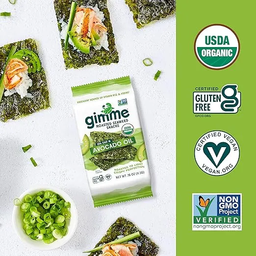 Gimme Seaweed - Sea Salt & Avocado Oil - 6 Count - Organic Roasted Seaweed Sheets - Keto, Vegan, Gluten Free - Great Source of Iodine & Omega 3’s - Healthy On-The-Go Snack for Kids & Adults