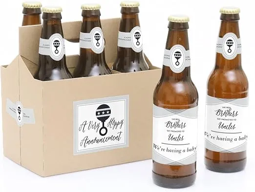 Brothers to Uncles - Pregnancy Announcement Decorations for Men - 6 Beer Bottle Label Stickers and 1 Carrier