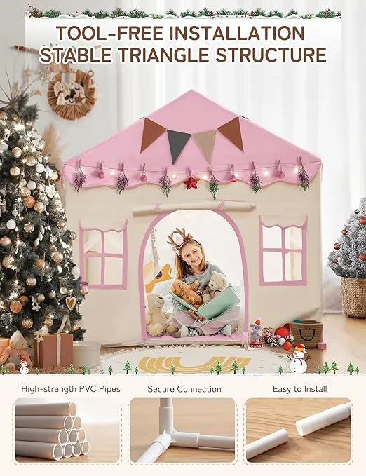 besrey Kids Play Tent, Kids Playhouse 2 in 1 with Padded Mat and Lights, Large Play Tent with 2 Doors & 4 Windows, Kids Play Tent Indoor & Outdoor, Christmas Toddler Tent for Kids, 51" x35" x 51"