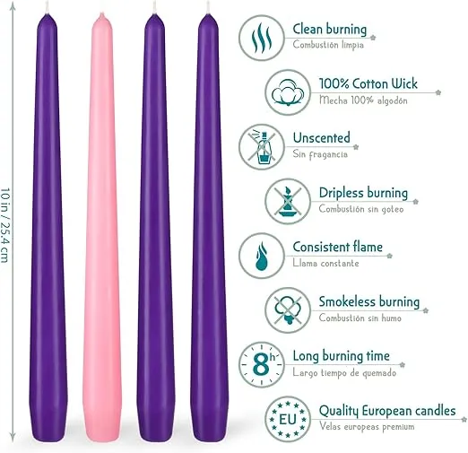 BRUBAKER 4 pcs Advent Candles Purple and Pink - 10 Inch Taper Candles for Christmas, Church and Celebrations - Unscented and Dripless - Made in Europe