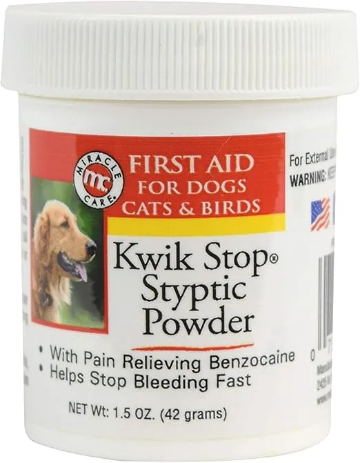 Miracle Care Kwik Stop Styptic Powder For Dogs, Cats, and Birds, Fast-Acting Blood Stop Powder For Pets, Quick Stop Bleeding Powder For Dog Nail Clipping, Minor Cuts, Grooming, 1.5 oz.