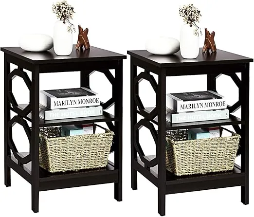 Giantex 3-Tier Nightstand Set of 2, Omega End Table with Storage Shelves, Stable Structure, Versatile Bedside Tables, Wood Sofa Side Table Night Stand for Bedroom, Living Room, Easy Assembly, Espresso