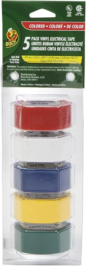 Duck Brand Multi-Purpose Electrical Tape, 0.75-Inch-by-12-Feet, 5-Rolls, Assorted, 5-Pack, Colors May Vary, 60 Foot (280303)