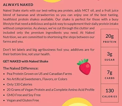 Naked Shake - Vegan Protein Powder, Strawberry Banana - Flavored Plant Based Protein with Mct Oil, Gluten-Free, Soy-Free, No Gmos Or Artificial Sweeteners - 30 Servings