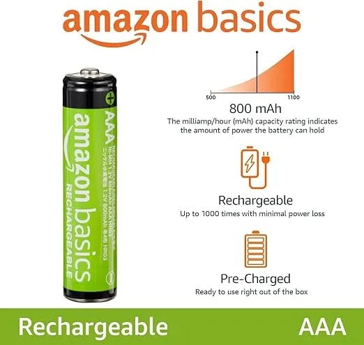 Amazon Basics 8-Pack Rechargeable AAA NiMH Performance Batteries, 800 mAh, Recharge up to 1000x Times, Pre-Charged