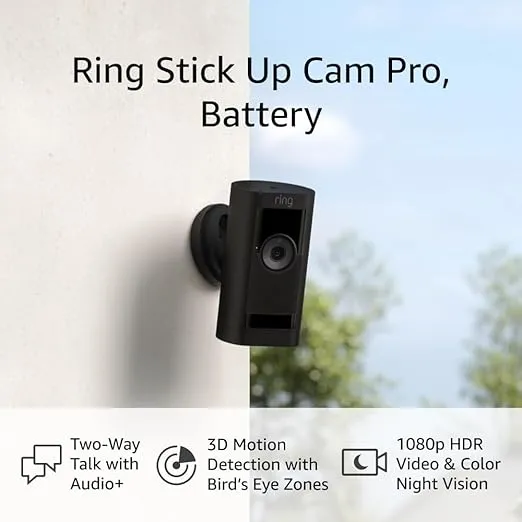 Ring Stick Up Cam Pro Battery | Two-Way Talk with Audio+, 3D Motion Detection with Bird’s Eye Zones, and 1080p HDR Video & Color Night Vision (2023 release), Black