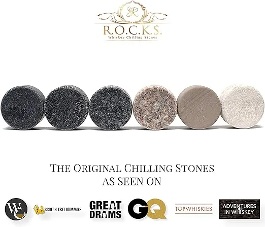 Whiskey Chilling Stones Gift Set - 6 Handcrafted Premium Granite Round Sipping Rocks - 2 Crystal Superior Glasses - Hardwood Presentation & Storage Tray - Elegant Gold Foil Gift Box by R.O.C.K.S.