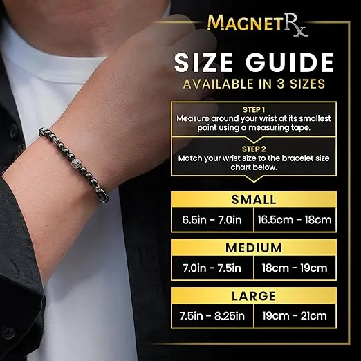 MagnetRX® Hematite Magnetic Bracelet – MAX Strength Magnetic Stones with Stainless Steel Charms – Elegant Magnetic Hematite Beaded Bracelets for Men (Armory | Small)