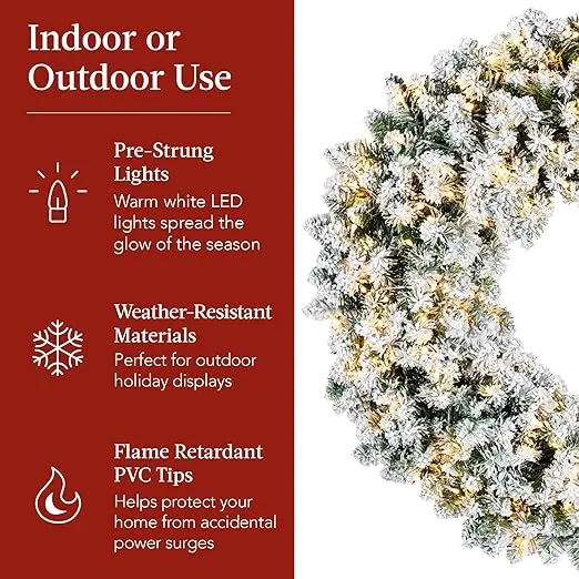 Best Choice Products 60in Large Flocked Artificial Pre-Lit Fir Christmas Wreath Holiday Accent Decoration for Door, Mantel w/Red Lighted Bow, 375 LED Lights, 930 PVC Tips, Power Plug-in