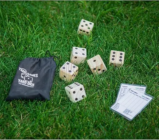 Yard Games Large 2.5" Wooden Yard Dice with Laminated Yardzee and Yard Farkle | Includes 6 Dice with Durable Carrying Case