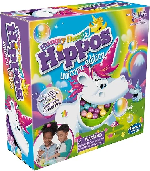 Hasbro Gaming Hungry Hippos Unicorn Edition Pre-School Board Game for Kids Ages 4 and Up; 2-4 Players