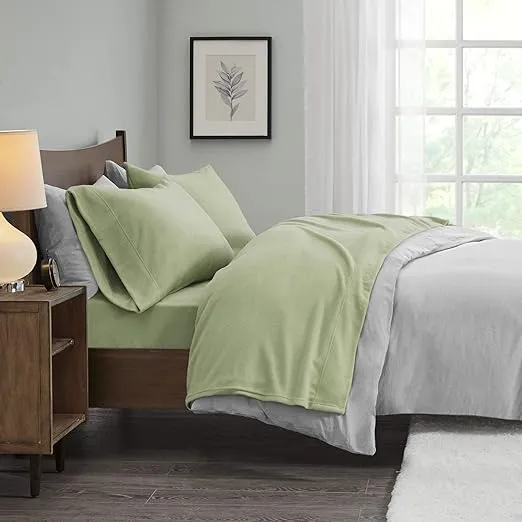 True North by Sleep Philosophy Micro Fleece Bed Sheet Set, Warm, Sheets with 14" Deep Pocket, for Cold Season Cozy Sheet-Set, Matching Pillow Case, Twin, Green, 3 Piece