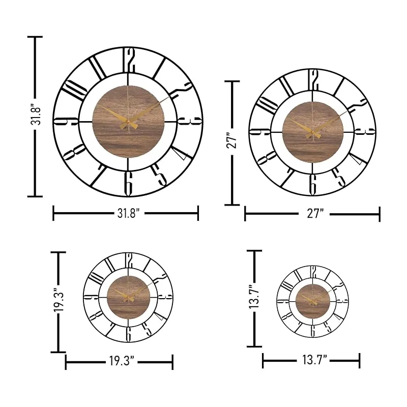 Black Metal Wall Clock, Modern Wooden Wall Clock, Large Silent Clock, Retro Wall Clock, Unique Clock for Wall, Metal Wooden Home Clock, Boho Clock, Farmhouse Clock, Housewarming Gift (13.7" / 35 cm)