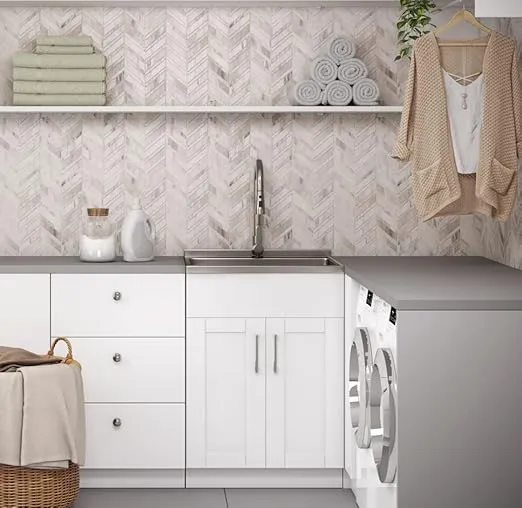 SIMPLIHOME Modern Wide Shaker Transitional 24 Inch Laundry Cabinet with Faucet and Stainless Steel Sink in White, For the Laundry Room and Utility Room