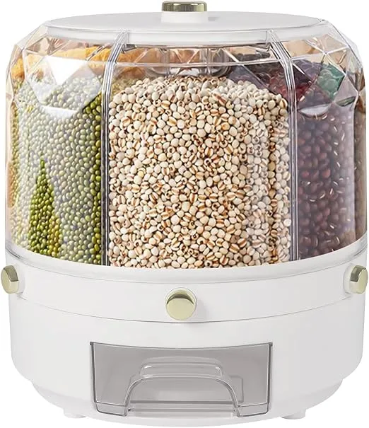 Rotating Grain Dispenser, Round Multigrain Tank Cup 6-Compartment Rice and Bean Dispenser, 13.2lb Cereal Grain Dispenser for Store Rice, Red Beans, Yellow Beans, Black Beans White