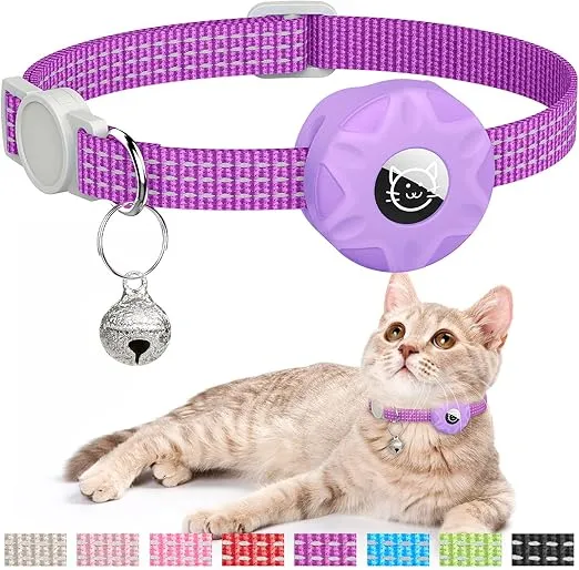 AirTag Cat Collar, Reflective Kitten Collar Breakaway Apple Air Tag Cat Collar, GPS Cat Collar with AirTag Holder and Bell, Lightweight Tracker Cat Collars for Girl Boy Cats Kittens Puppies (Purple)