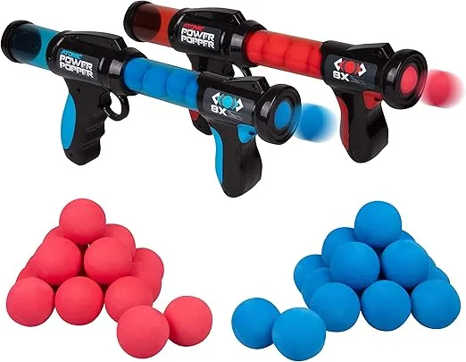 Hog Wild Atomic Power Popper Red & Blue Battle Set - 2 Rapid Fire Foam Blasters with 32 Soft Foam Bullet Balls - Pump to Fire Up to 20 Feet - Great for Boys, Girls, Kids 4+