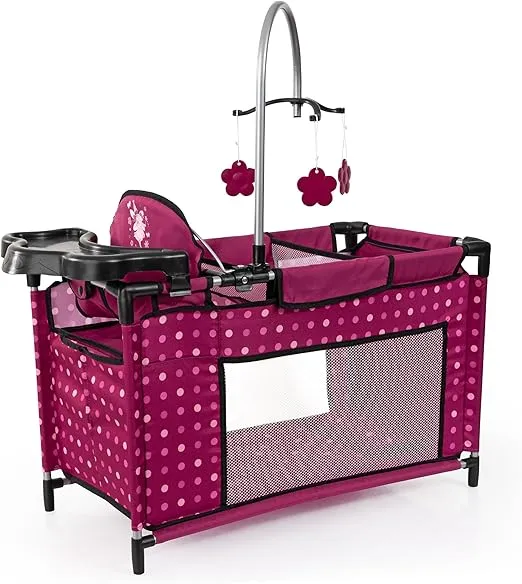 Bayer Design Dolls: Multi Bed - Hot Pink, Dots, Fairy - Playpen for Dolls Up to 18", Built-in Highchair & Mobile, Pillow & Blanket, Kids Toy, Age 3+