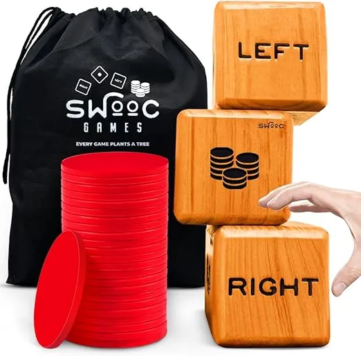 SWOOC Games - Giant Right Center Left Dice Game (All Weather) with 24 Large Chips & Carry Bag - Jumbo Wooden Lawn Game - Big Backyard Game for Family - Indoor/Outdoor
