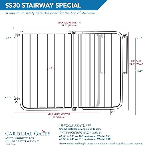 Cardinal Gates SS30 Stairway Special Baby Gate for Stairs - Adjustable Indoor Dog Gate - Wooden Safety Gate for Kids & Pets - Can be Installed at Angles - 27 to 42.5 Inches Wide - Wood