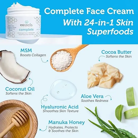 Era Organics Face Moisturizer Cream - Advanced 12-In-1 Rejuvenating Facial Cream With Superfood Complex Manuka Honey, Hyaluronic Acid, Hemp Oil & More - Anti Aging Wrinkle Face Cream For Women & Men