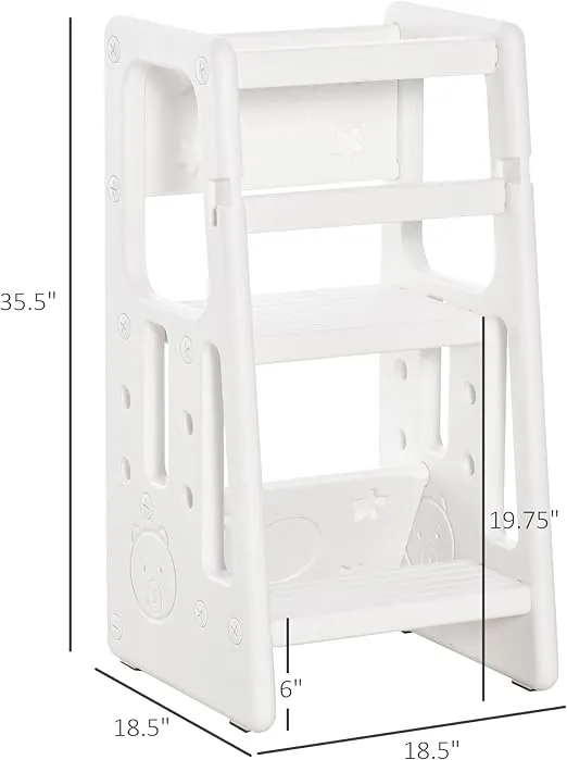 Qaba Toddler Tower with Adjustable Height, Toddler Kitchen Stool Helper with Anti-Slip Mat, Step Stool for Kitchen, Bathroom, White
