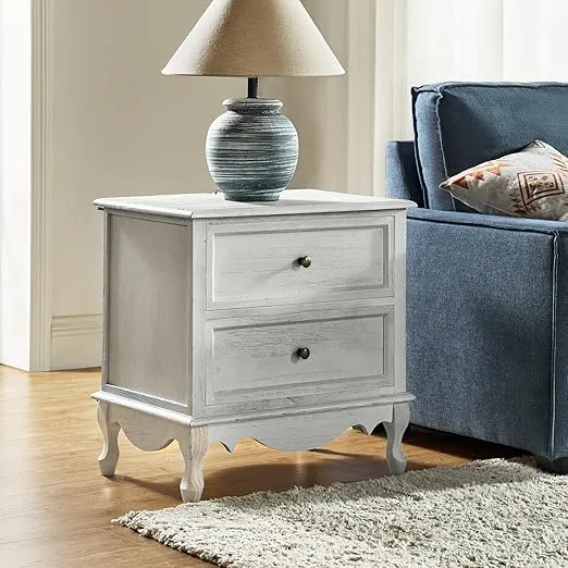 HULALA HOME Wood Nightstand with Charging Station Space, Bedside Table 2 Drawer Dresser with Drawer and Wooden Legs, French Storage End Table for Bedroom Living Room,White