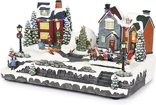 Alpine Corporation Animated Children Playing in Christmas Village Holiday Tabletop Decor with 26 Multicolor LED Lights and 5.6' Cord, 17" L x 11" W x 9" H