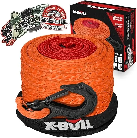 X-BULL Synthetic Winch Rope - Cable Kit -1/2" X 85ft 32000LBS Winch Line with Protective Sleeve Forged Winch Hook Safety Pull Strap go for 4WD Off Road Vehicle Truck SUV ATV UTV-Orange