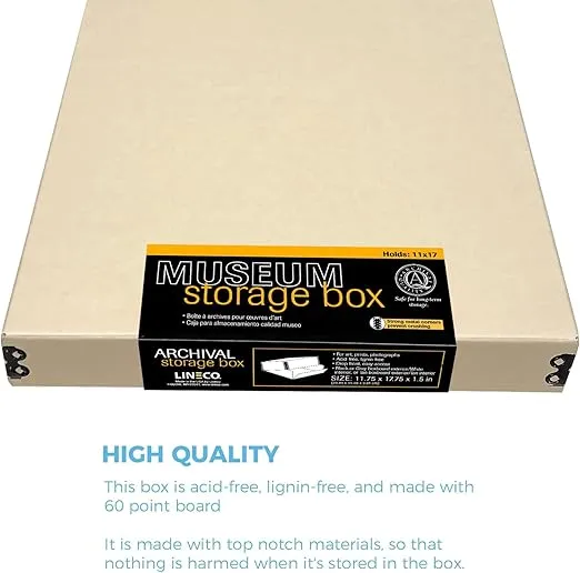 Lineco Museum Archival Storage Box, 11.75x17.75x1.5 in. Drop Front Design. Acid-Free with Metal Edge. Organize Photos, Pictures, Prints, Documents, Crafts, DIY. Tan, 1 Pack